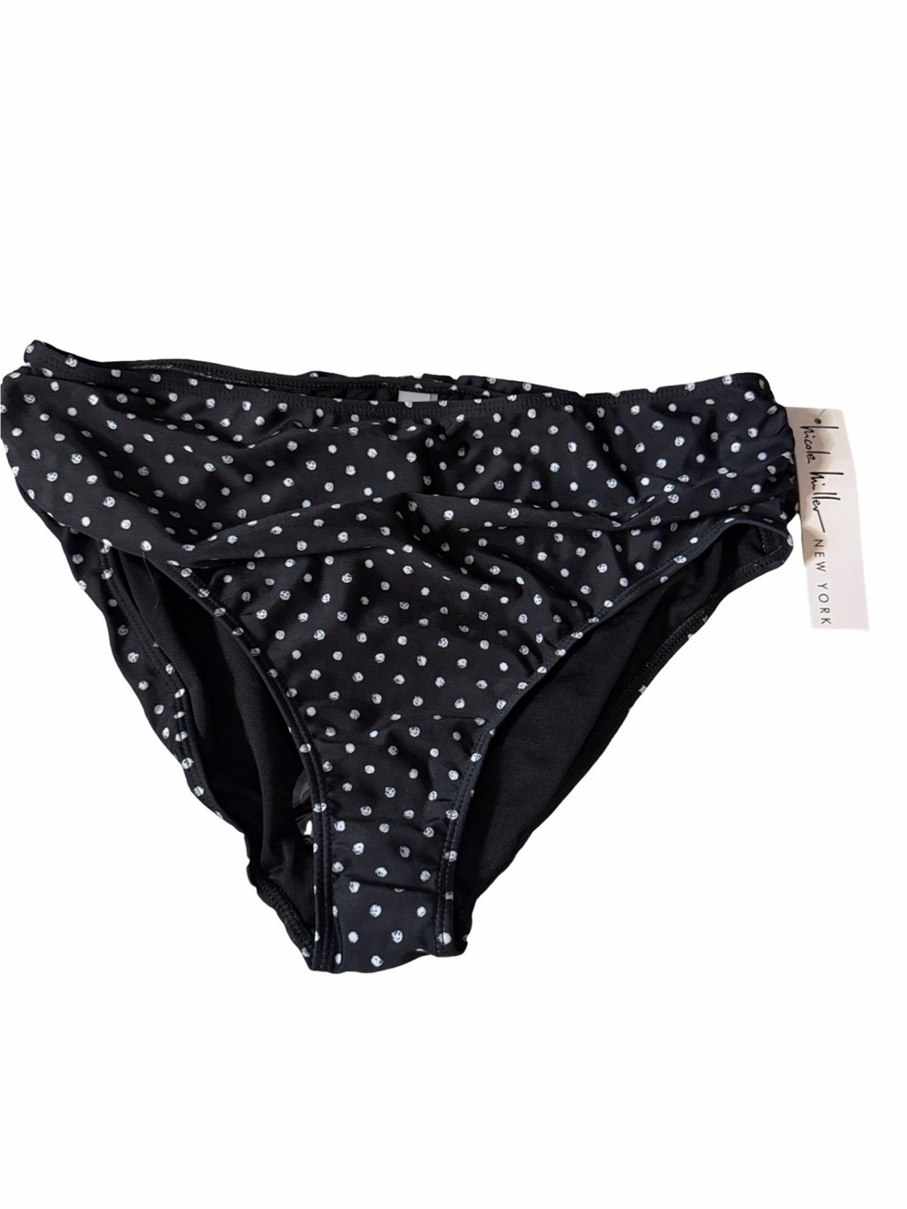 Nicole Miller Black Bikini Swim Bottoms with White Polka Dots. NWT. Size L.